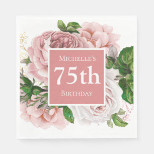 Vintage Blush Pink Floral Greenery 75th Birthday Napkin