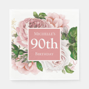 Vintage Blush Pink Floral Greenery 90th Birthday Napkin