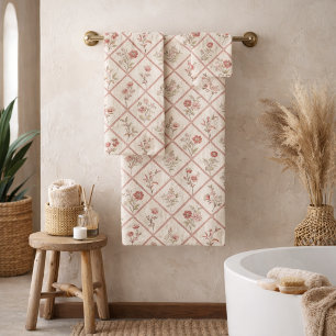 Vintage Blush Pink Floral Lattice Pattern Bath Towel Set