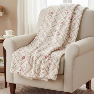 Vintage Blush Pink Floral Lattice Pattern Sherpa Blanket