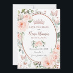 Vintage Blush Pink Floral Rose Gold Quinceañera  Save The Date<br><div class="desc">Personalise this vintage chic blush pink floral rose gold Quinceañera / Sweet 16 birthday save the date easily and quickly. Simply click the customise it further button to edit the texts, change fonts and fonts colours. Featuring soft watercolor blush flowers, rose gold butterflies and a rose gold trimmed oval space...</div>