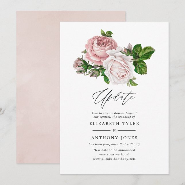 Vintage Blush Pink Floral Wedding Update Invitation (Front/Back)