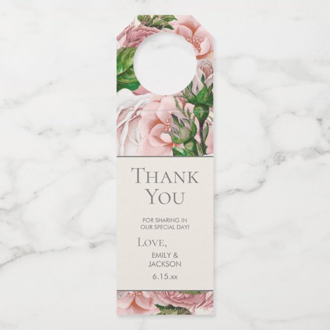 Vintage Blush Pink Flowers Botanical Wedding Bottle Tag (Front)