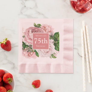 Vintage Blush Pink Flowers Greenery 75th Birthday Napkin