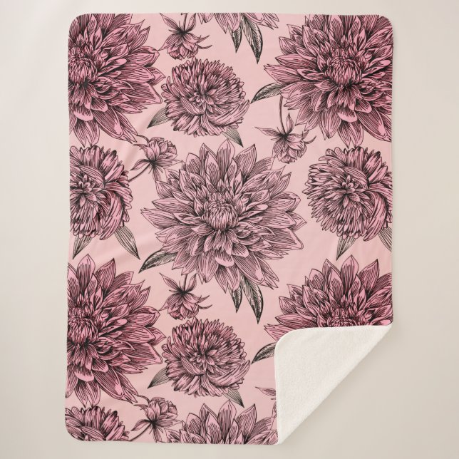 Vintage Blush Pink Flowers Illustrated Pattern Sherpa Blanket (Front)