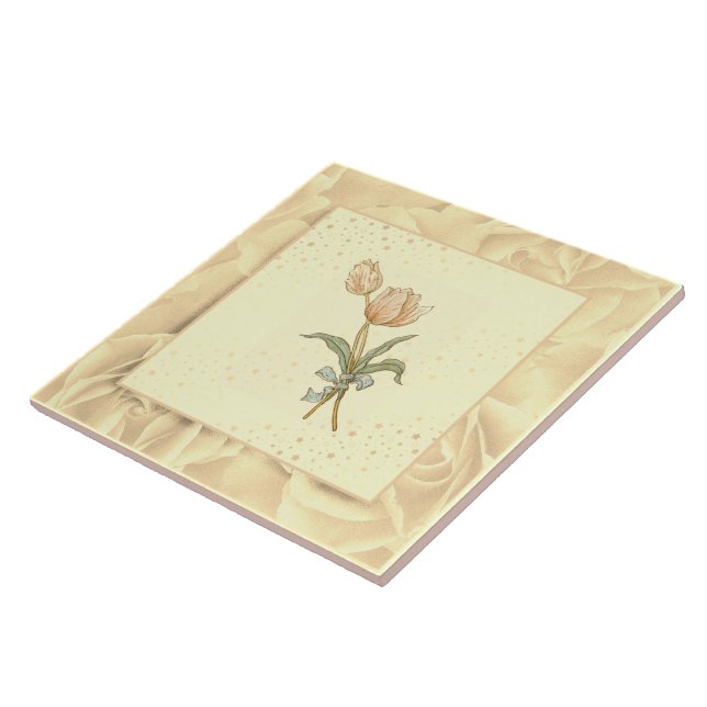 Vintage Blush Pink Green and Yellow Flowers Tile (Side)