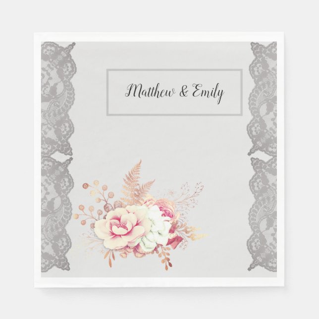 Vintage Blush Pink Grey Floral Lace  Napkin (Front)
