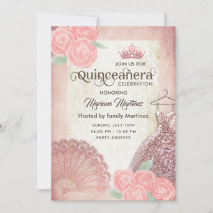 Vintage blush pink hand fan roses tiara Quince Inv Invitation
