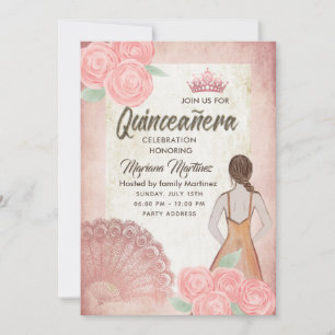 Vintage blush pink hand fan roses tiara Quince Invitation