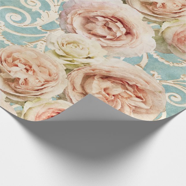 Vintage Blush Pink Heirloom Roses Floral Damask Wrapping Paper (Corner)