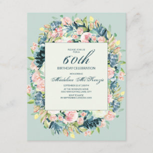 Vintage Blush Pink Ivory Floral Mint 60th Birthday Invitation