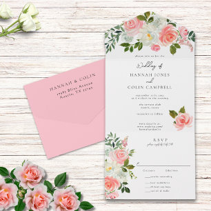 Vintage Blush Pink & Ivory Rose Garland All In One Invitation