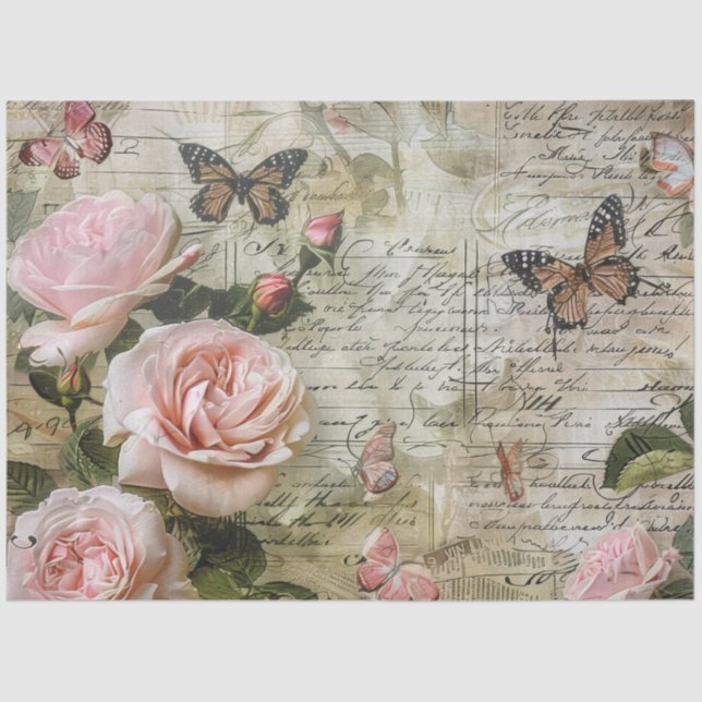 Vintage Blush Pink Rose Butterfly Decoupage Tissue Paper (Front)