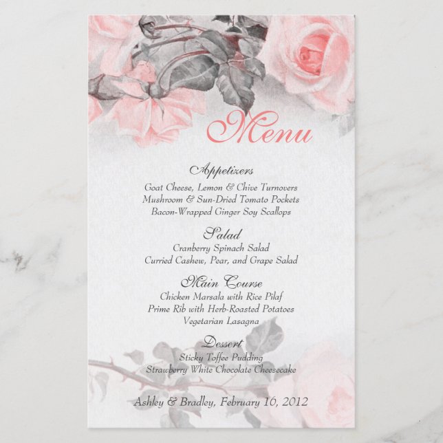Vintage Blush Pink Rose Wedding Menu Card (Front)