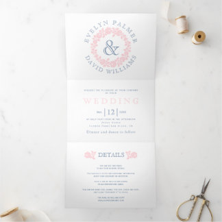 Vintage blush pink rose wreath dusty blue wedding Tri-Fold invitation