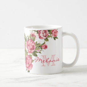 Vintage blush pink roses Peonies name, monogram Coffee Mug