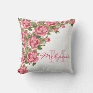 Vintage blush pink roses Peonies name, monogram Cushion