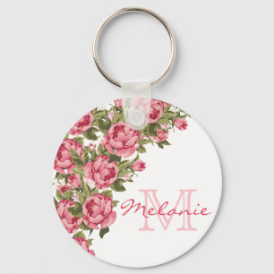 Vintage blush pink roses Peonies name, monogram Key Ring