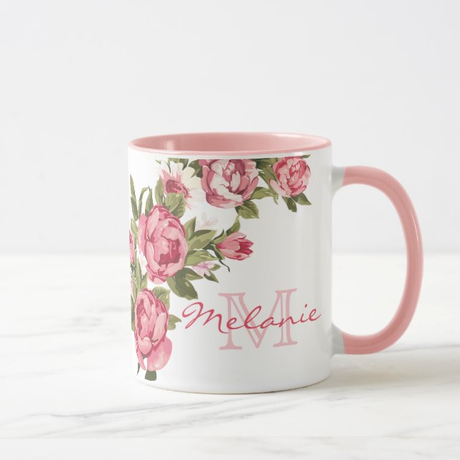Vintage blush pink roses Peonies name, monogram Mug (Right)