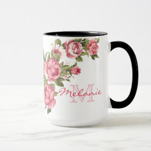 Vintage blush pink roses Peonies name, monogram Mug