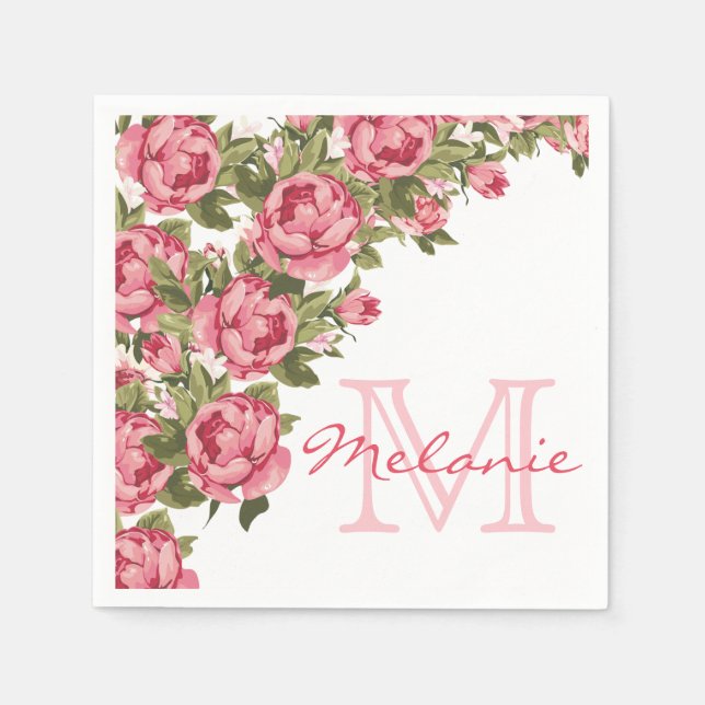 Vintage blush pink roses Peonies name, monogram Napkin (Front)