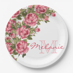 Vintage blush pink roses Peonies name, monogram Paper Plate