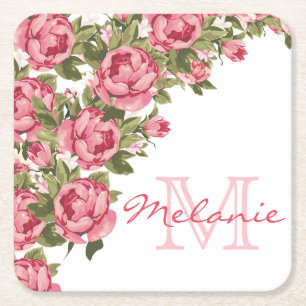 Vintage blush pink roses Peonies name, monogram Square Paper Coaster