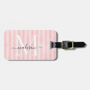 Vintage Blush Pink Stripe Girly Script Monogram Luggage Tag