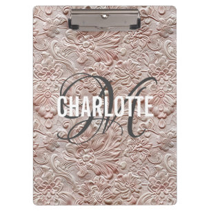 Vintage blush pink tooled leather monogram name clipboard