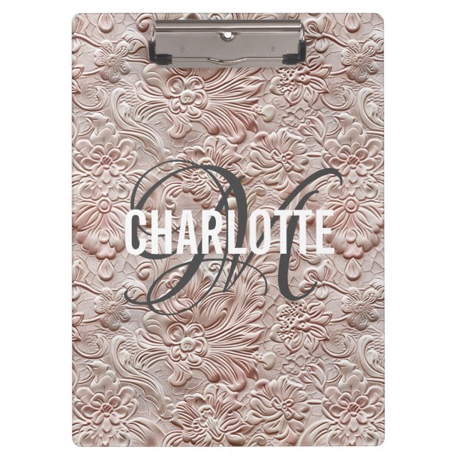 Vintage blush pink tooled leather monogram name clipboard (Front)