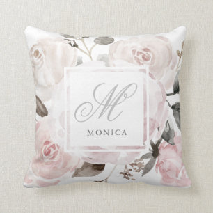 Vintage Blush Pink Watercolor Roses   Monogram Cushion