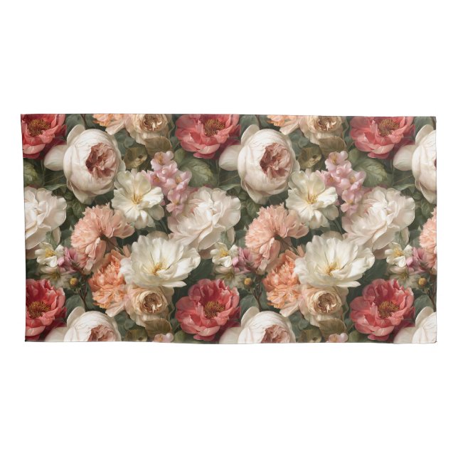 Vintage Blush Rose Floral Garden Pattern Pillowcase (Back-Right)