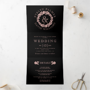 Vintage blush rose wreath black background wedding Tri-Fold invitation