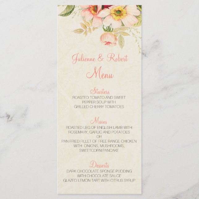 Vintage Blush Roses Floral Wedding Menu (Front)