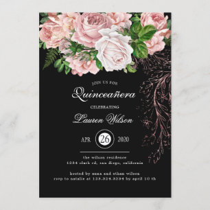Vintage Blush Roses on Black Quinceanera Invitation