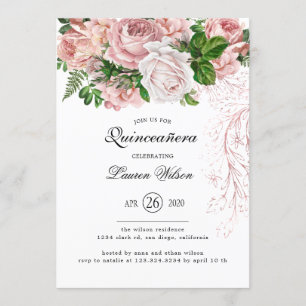 Vintage Blush Roses on White Quinceanera Invitation