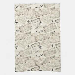 Vintage Boarding Pass Travel Pattern Tea Towel