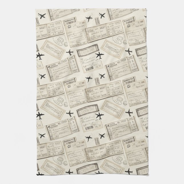 Vintage Boarding Pass Travel Pattern Tea Towel (Vertical)