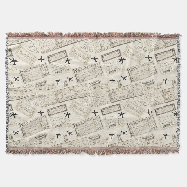 Vintage Boarding Pass Travel Pattern Throw Blanket (Front)