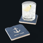 Vintage Boat Anchor With Your Boat Name on Blue Stone Coaster<br><div class="desc">Nautical Vintage Boat Anchor With Your Custom Name or Boat Name on a Navy Blue Stone Coaster.</div>
