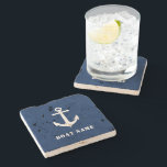 Vintage Boat Anchor With Your Boat Name on Blue Stone Coaster<br><div class="desc">Nautical Vintage Boat Anchor With Your Custom Name or Boat Name on a Navy Blue Stone Coaster.</div>