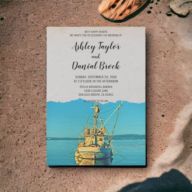 Vintage boat nautical navy destination wedding invitation (Creator Uploaded)