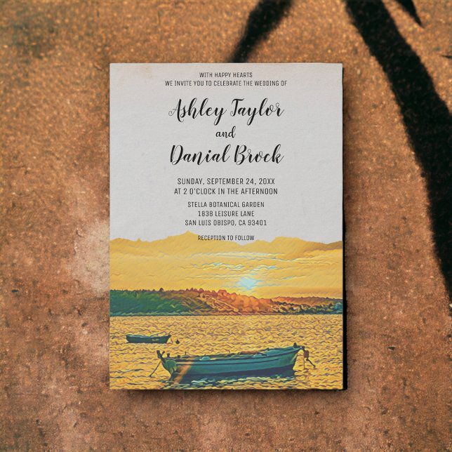 Vintage boat nautical sunset destination wedding invitation (Creator Uploaded)