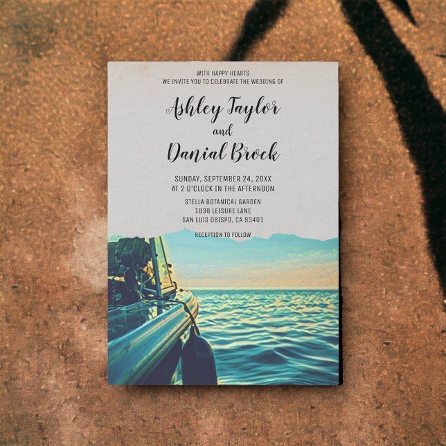Vintage boat navy nautical sea destination wedding invitation (Creator Uploaded)