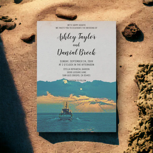 Vintage boat sunset nautical destination wedding invitation | Zazzle