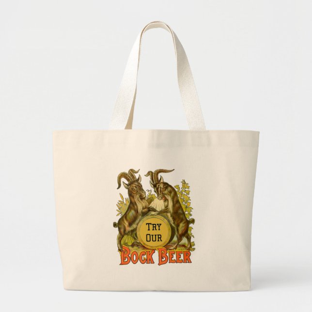 Vintage Bock Beer Poster: Antique Goat Saloon Bar  Large Tote Bag (Front)