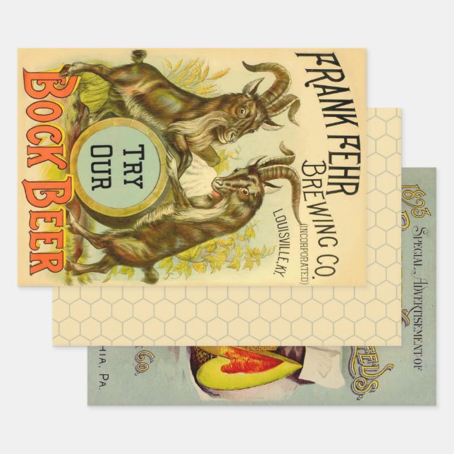 Vintage Bock Beer Poster: Antique Goat Saloon Bar  Wrapping Paper Sheet (Set)