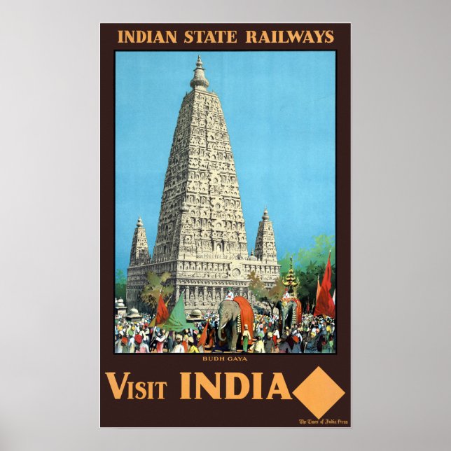 Vintage Bodh Gaya Visit India Travel Poster (Front)