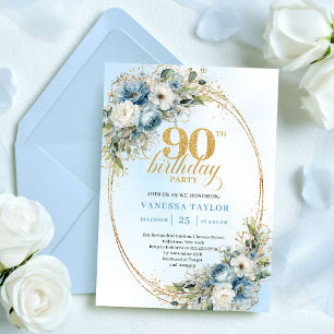 Vintage Bohemian Blue Floral Gold 90th Birthday Invitation