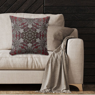 vintage bohemian burgundy red grey black pattern cushion